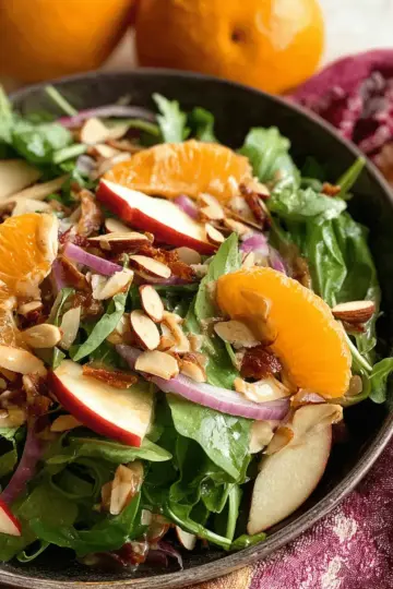 Orange Apple Arugula Salad Recipe With Honey Roasted Almonds & Ginger Dressing
