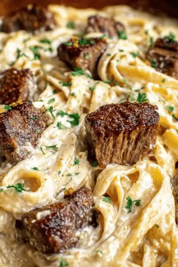 Garlic Butter Steak with Parmesan Alfredo