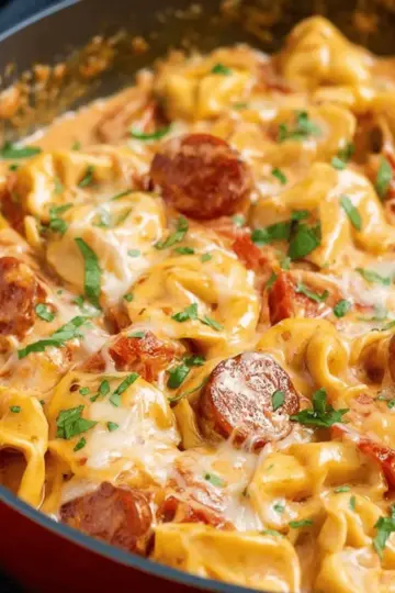 One Pan Creamy Tortellini and Smoked Sausage