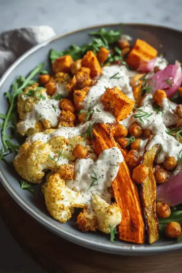 Glow Bowl Recipe: Roasted Veggie, Tahini Yogurt Sauce