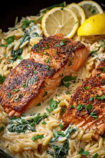 Pan-Fried Salmon with Creamy Lemon Orzo