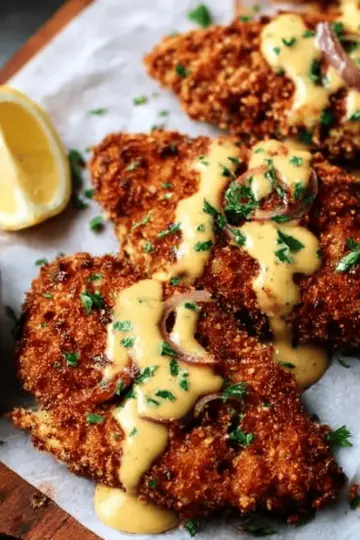 Pretzel Crusted Chicken with Cheddar-Mustard Sauce