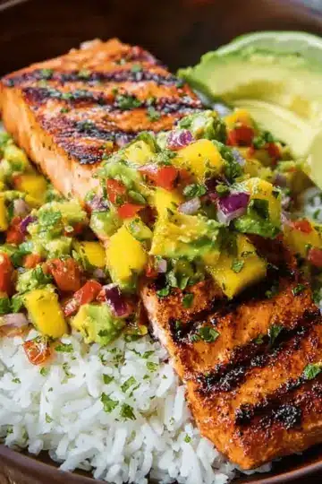 Grilled Lime Salmon with Avocado-Mango Salsa and Coconut Rice
