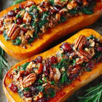Sausage Stuffed Butternut Squash with Spinach, Pecans, and Cranberries
