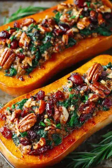 Sausage Stuffed Butternut Squash with Spinach, Pecans, and Cranberries