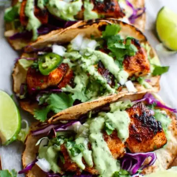 Blackened Cod Fish Tacos with Cilantro Avocado Sauce