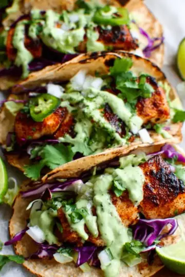 Blackened Cod Fish Tacos with Cilantro Avocado Sauce