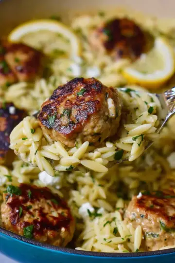 One-Pan Greek Chicken Meatballs and Lemon Orzo