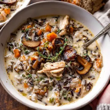 Creamy Wild Rice Chicken Soup with Roasted Mushrooms.