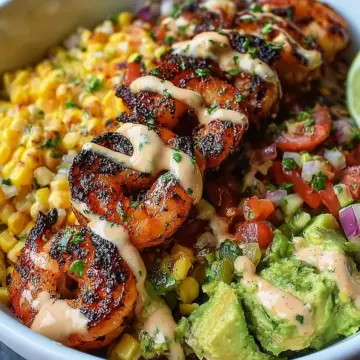 Grilled Shrimp Bowl with Avocado, Corn Salsa & Creamy Garlic Sauce