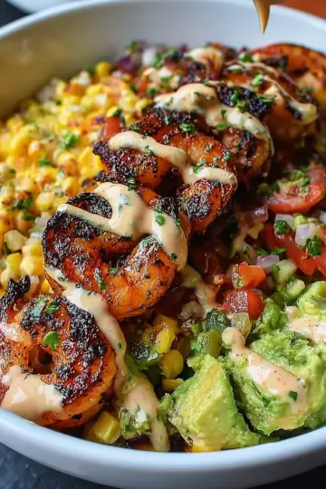 Grilled Shrimp Bowl with Avocado, Corn Salsa & Creamy Garlic Sauce