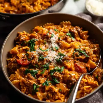 One pot creamy tomato beef pasta