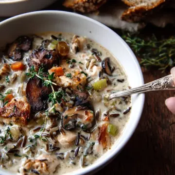 Creamy Wild Rice Chicken Soup with Roasted Mushrooms.