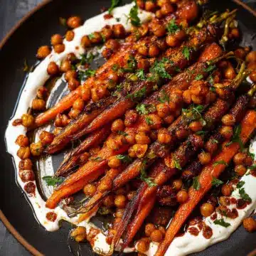 Spicy maple roast carrots with crispy chickpeas and yogurt sauce