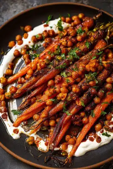 Spicy maple roast carrots with crispy chickpeas and yogurt sauce