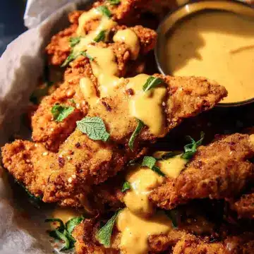 Pretzel Chicken Fingers with Spicy Honey Mustard Sauce.