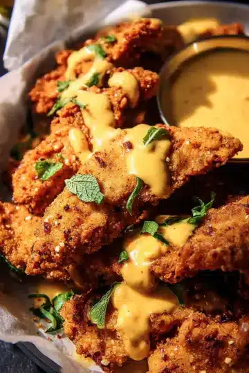 Pretzel Chicken Fingers with Spicy Honey Mustard Sauce.
