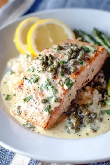 Garlic Poached Salmon with Creamy Lemon Caper Sauce