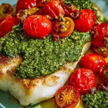 Chilean Sea Bass with Pesto and Cherry Tomatoes