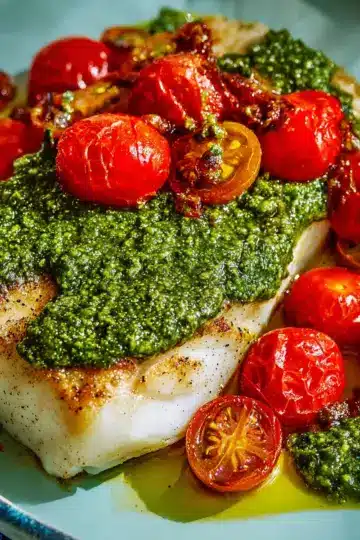 Chilean Sea Bass with Pesto and Cherry Tomatoes