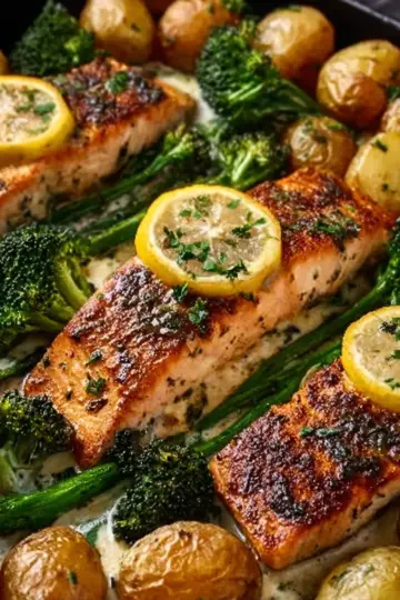Lemon Butter Salmon with Crispy Potatoes and Broccoli