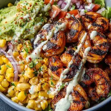 Grilled Shrimp Bowl with Avocado, Corn Salsa & Creamy Garlic Sauce