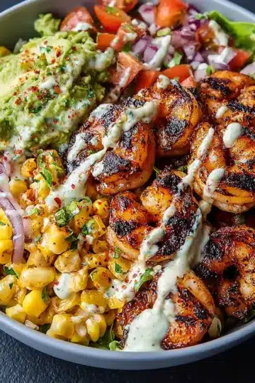 Grilled Shrimp Bowl with Avocado, Corn Salsa & Creamy Garlic Sauce