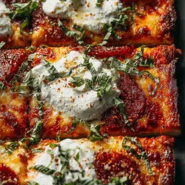 Crispy Sicilian Sheet Pan Pizza with Hot Honey and Burrata