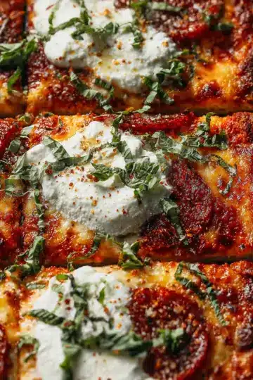 Crispy Sicilian Sheet Pan Pizza with Hot Honey and Burrata