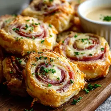 Beef Ham and Cheese Puff Pastry Pinwheels with Honey Mustard