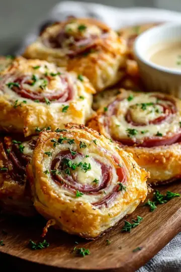 Beef Ham and Cheese Puff Pastry Pinwheels with Honey Mustard